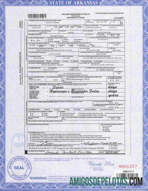 Realista modelo de certidão de óbito do estado dos EUA em Arkansas em formato PSD